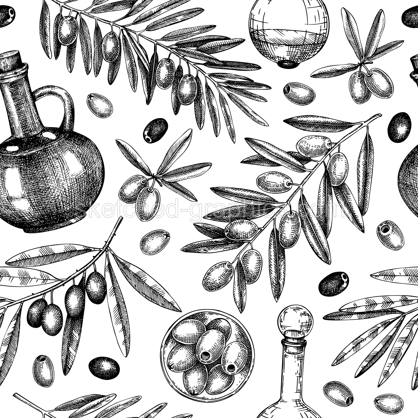 Olive oil seamless pattern. Olive tree branches background in retro style. Food design. Hand-drawn vector illustration. NOT AI generated. Illustration